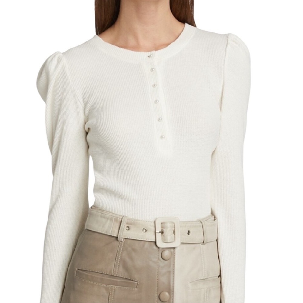 Generation Love Cream Organic Cotton Hemp Puff Sleeve Waffle Henley Top Small